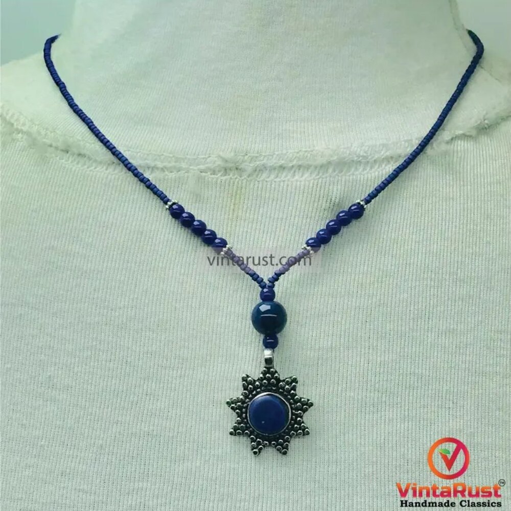 Vintage Style Lapis Pendant Necklace, Blue Beads with Silver Sun Charm Necklace,